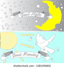 Good Night and Good Morning.Day and night.Sun and moon.Nature scene with sun,pigeon,moon and stars.Sweet Dreams.