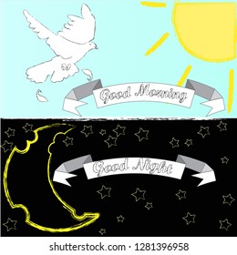 Good Night and Good Morning.Day and night.Sun and moon.Nature scene with sun,pigeon,moon and stars.Sweet Dreams.