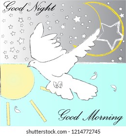 Good Night and Good Morning. Nature scene with moon,stars,pigewon and sun.Nature.