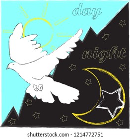 Good Night and Good Morning. Nature scene with moon,stars,pigewon and sun.Nature.