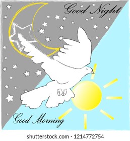 Good Night and Good Morning. Nature scene with moon,stars,pigewon and sun.Nature.