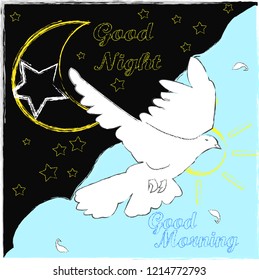 Good Night and Good Morning. Nature scene with moon,stars,pigewon and sun.Nature.