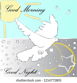 Good Night and Good Morning. Nature scene with moon,stars,pigewon and sun.Nature.