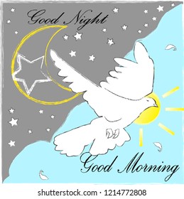 Good Night and Good Morning. Nature scene with moon,stars,pigewon and sun.Nature.