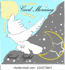 Good Night and Good Morning. Nature scene with moon,stars,pigewon and sun.Nature.