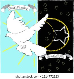 Good Night and Good Morning. Nature scene with moon,stars,pigewon and sun.Nature.