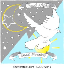 Good Night and Good Morning. Nature scene with moon,stars,pigewon and sun.Nature.