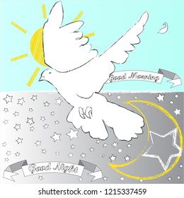 Good Night and Good Morning. Nature scene with moon,stars,pigewon and sun.Nature.