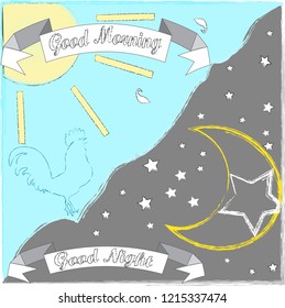 Good Night and Good Morning. Nature scene with moon,stars,pigewon and sun.Nature.