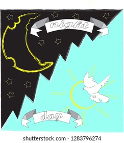 Good Night and Good Morning.Moon and stars.Sun.Day and night.Nature scene with moon,stars,pigeon and sun.