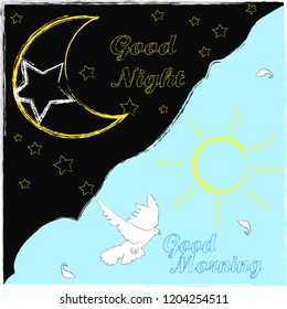 Good Night and Good Morning.Moon and stars.Sunlight.Nature.Day and Night.