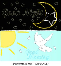 Good Night and Good Morning.Moon and stars.Sunlight.Nature.Day and Night.