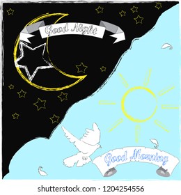 Good Night and Good Morning.Moon and stars.Sunlight.Nature.Day and Night.