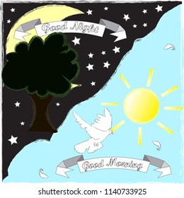 Good Night and Good Morning.Nature scene with moon,stars,tree and sun with pigeon.Nature.