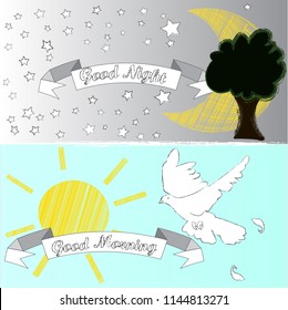Good Night and Good Morning.Nature scene with sun.pigeon.moon,stars and tree.Nature
