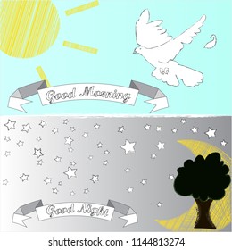Good Night and Good Morning.Nature scene with sun.pigeon.moon,stars and tree.Nature