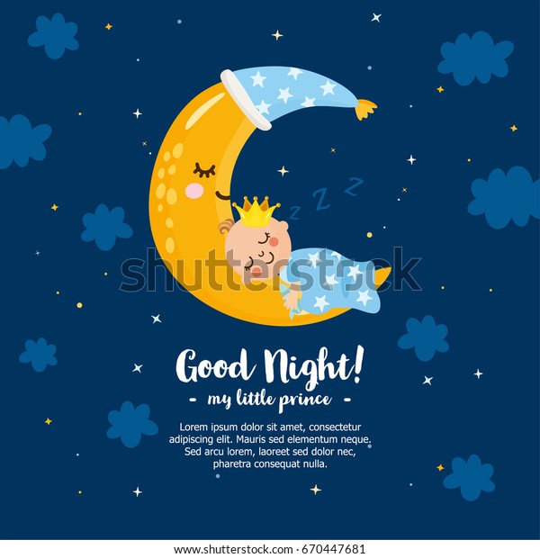 おやすみなさい 私の王子さま 魔法の子供のイラストと月と赤ちゃんの子 ベビールームや寝室の美しいポスター 子供じみた挨拶状 手書きの手紙 のベクター画像素材 ロイヤリティフリー