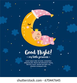 "Good Night My Little Princess". Magic kids illustration with moon and baby girl. Beautiful poster for baby room or bedroom. Childish greeting card. Hand drawn letters.