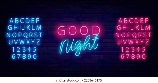 Good night neon sign with lettering. Glowing invitation on brick wall. Dream wishing. Sleep concept. Light blue and pink alphabet. Simplebanner. Vector stock illustration