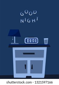 Good night. Nightstand with torchiere lamp, watch and glass of water in darkness night room