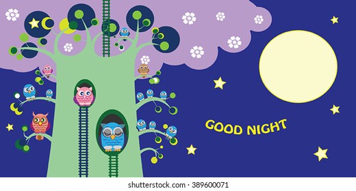 Good night  - owls on flowering tree, blue night, full moon and stars. Good night childish card. Vector illustration with owl ans owlets sitting on tree with pink tree crown. Cute owls family.