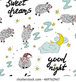 Good night  pattern. Hand Drawn vector pattern with elements(sweet dreams, owl, sheeps, clouds, stars).