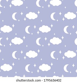 Good night pattern. Stars, Clouds and Moon on blue. Vector illustration for fabric and paper and more