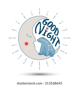 Good night polar bear with ursa major sitting on a crescent moon. Vector illustration