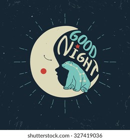 "Good night" polar bear with ursa major sitting on a crescent moon. Vector illustration. Grunge effect is on a separate layer