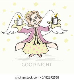 Good night postcard. Angel with flame candles stars violet yellow hand drawn banner cute cartoon stock vector illustration for web, for print