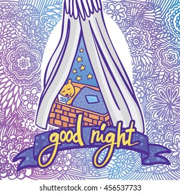 Good night postcard. Colorful vector illustration with teddy bear sleeping in a cradle with a tiny toy rabbit. Happy sleepy lullaby for a child. Blue background with flowers