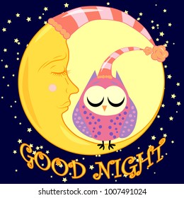 Good night. Postcard with a dormant crescent, a cute cartoon owl and text.