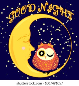 Good night. Postcard with a dormant crescent, a cute cartoon owl and text.