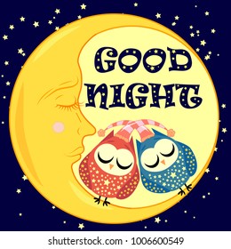 Good night. A postcard with a dozing crescent, two lovely cartoon owls and text.
