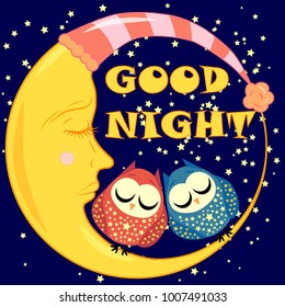 Good night. A postcard with a dozing crescent, two lovely cartoon owls and text.