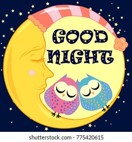 Good night. A postcard with a dozing crescent, two lovely cartoon owls and text.