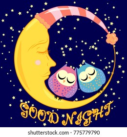 Good night. A postcard with a dozing crescent, two lovely cartoon owls and text.