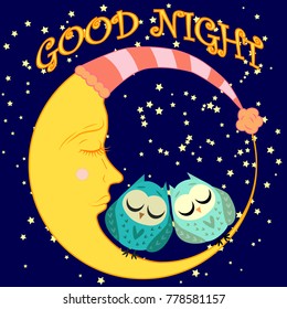 Good night. A postcard with a dozing crescent, two lovely cartoon owls and text.