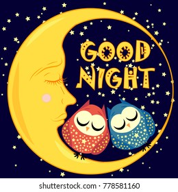 Good night. A postcard with a dozing crescent, two lovely cartoon owls and text.