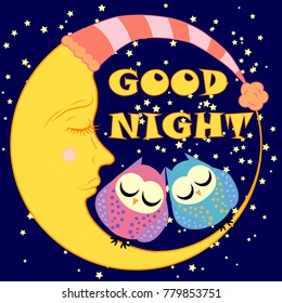 Good night. A postcard with a dozing crescent, two lovely cartoon owls and text.