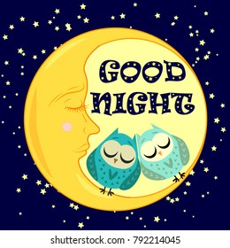 Good night. A postcard with a dozing crescent, two lovely cartoon owls and text.