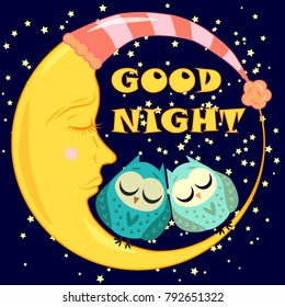 Good night. A postcard with a dozing crescent, two lovely cartoon owls and text.