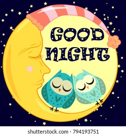 Good night. A postcard with a dozing crescent, two lovely cartoon owls and text.