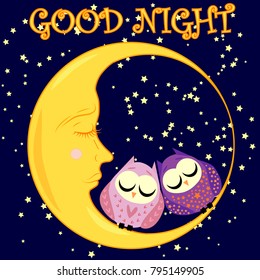 Good night. A postcard with a dozing crescent, two lovely cartoon owls and text.