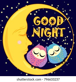 Good night. A postcard with a dozing crescent, two lovely cartoon owls and text.