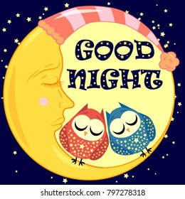 Good night. A postcard with a dozing crescent, two lovely cartoon owls and text.
