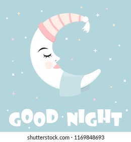 Good night postcard with sleeping moon and stars. Vector illustration.