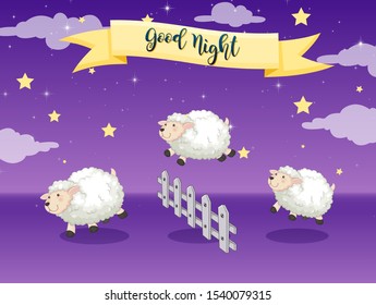 Afiche de la buena noche con ilustración de ovejas contadas