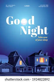 Good night poster with houses and moon in dark sky. Vector cartoon landscape of city street with suburban cottages at evening. Template of flyer for better care of sleep