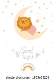 
good night poster with sleeping lion on the white background